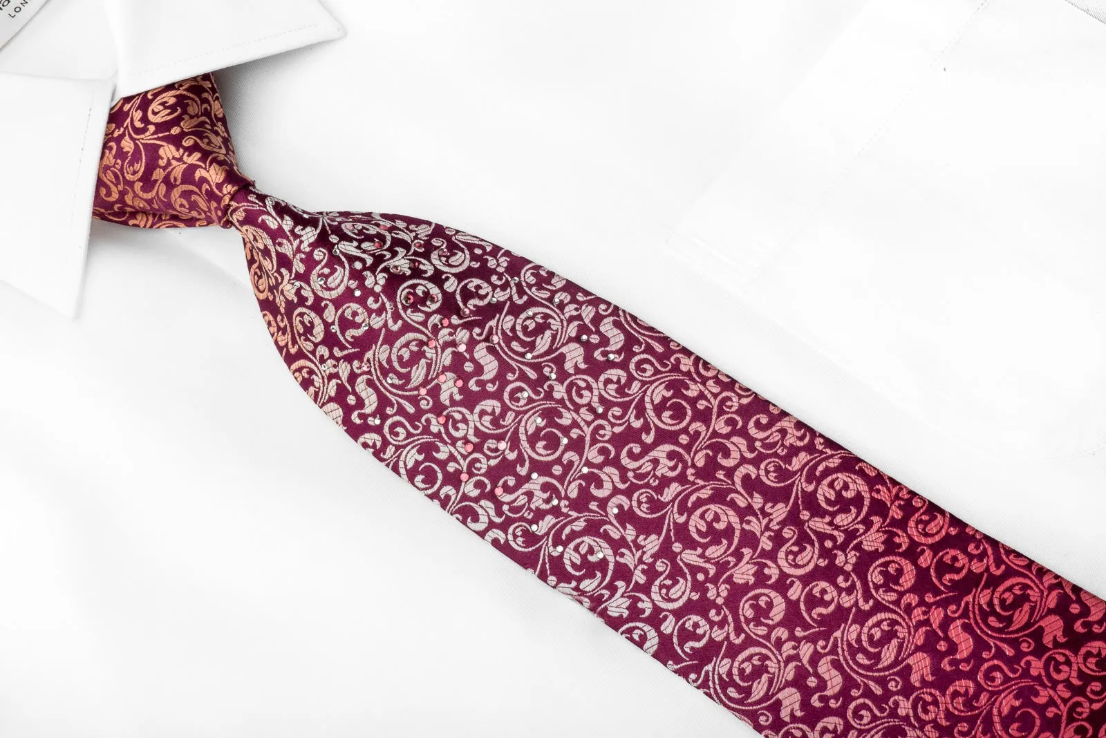 Park Land Men's Crystal Rhinestone Necktie Orange Acanthus On Burgundy Silk