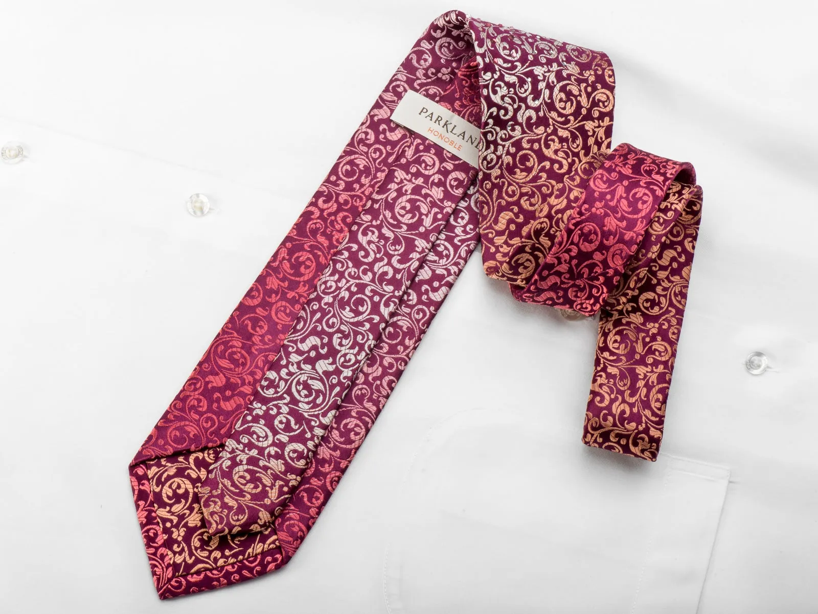 Park Land Men's Crystal Rhinestone Necktie Orange Acanthus On Burgundy Silk