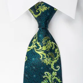 Perry Ellis Rhinestone Silk Necktie Green Turquoise Acanthus On Black With Silver Sparkles