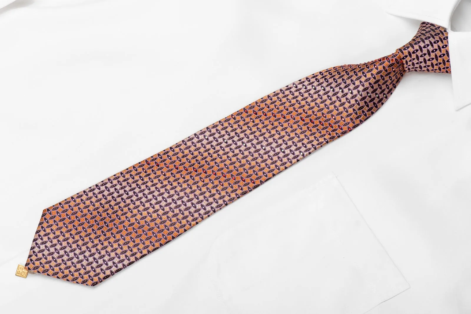 Pierre Cardin Men's Crystal Silk Necktie Geometric On Orange With Gold Sparkles