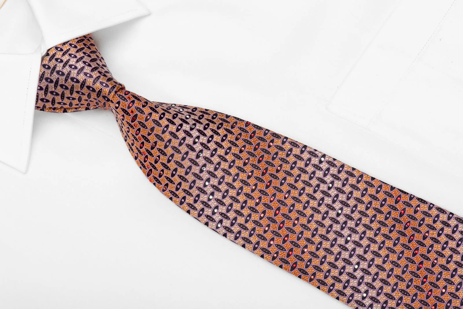 Pierre Cardin Men's Crystal Silk Necktie Geometric On Orange With Gold Sparkles