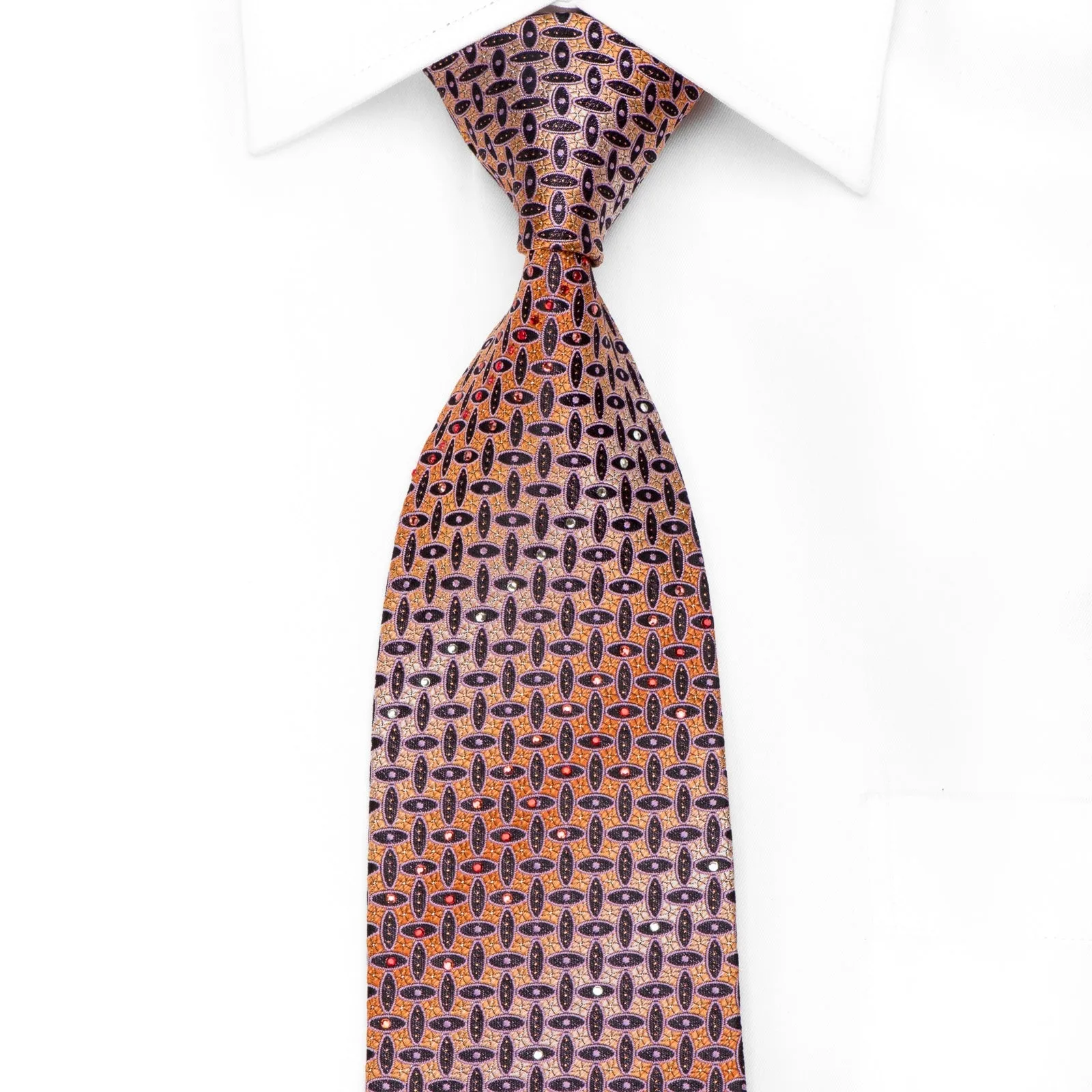 Pierre Cardin Men's Crystal Silk Necktie Geometric On Orange With Gold Sparkles