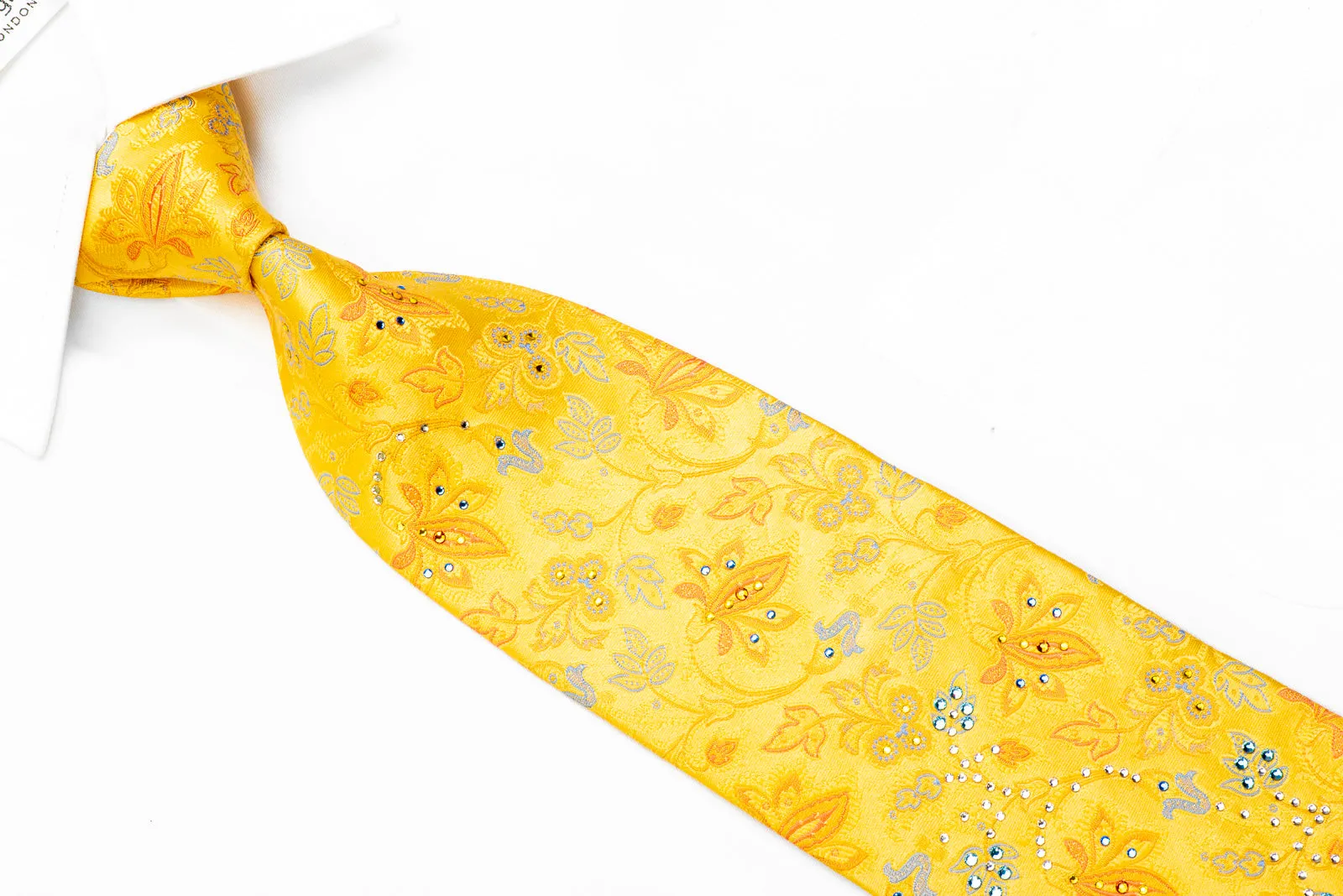 Pierre Cardin Rhinestone Silk Necktie Anthemion Floral On Yellow