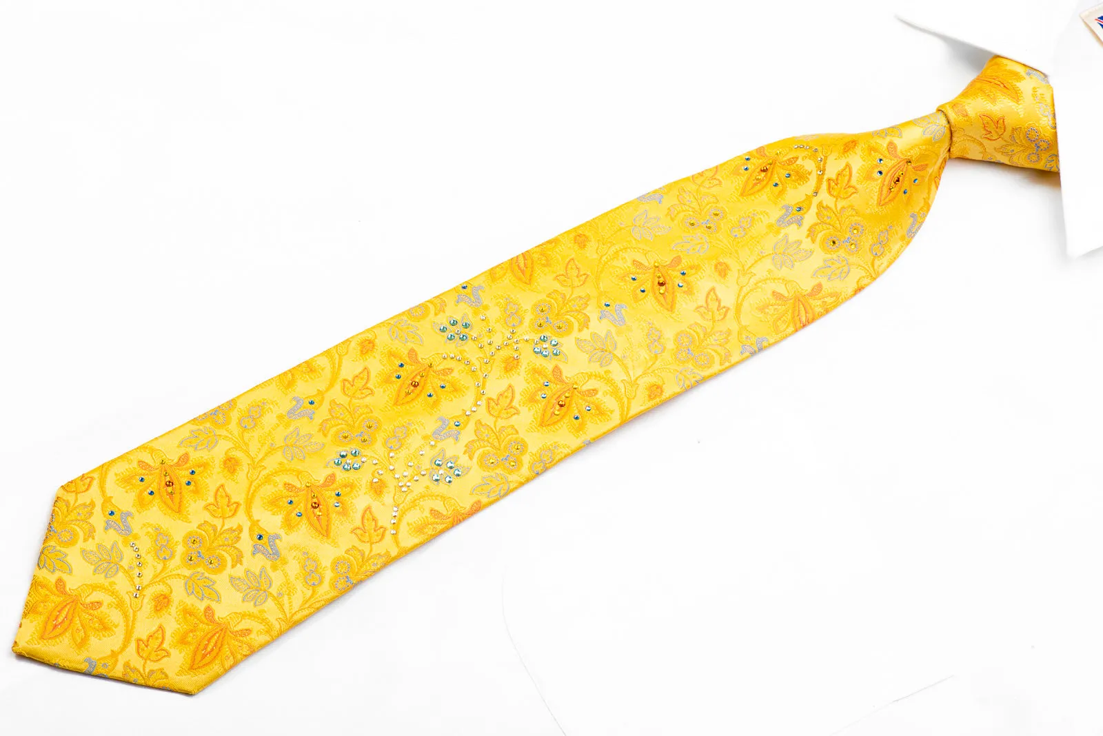 Pierre Cardin Rhinestone Silk Necktie Anthemion Floral On Yellow