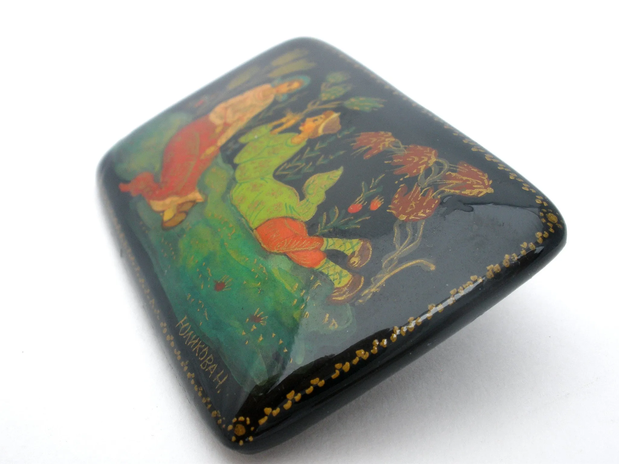 Russian Hand Painted Lacquer Brooch Pin Artist Signed