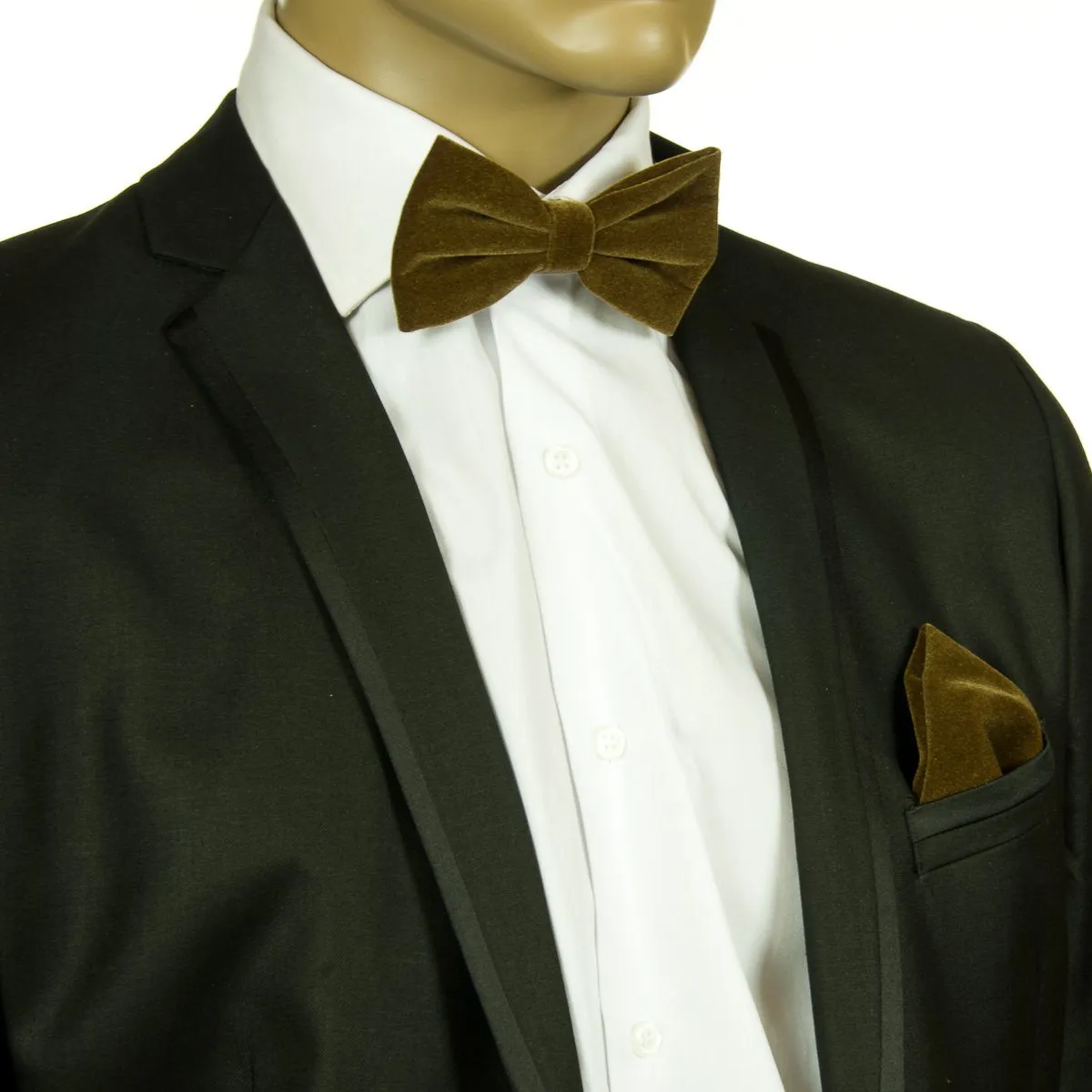 Solid Tan VELVET Bow Tie and Pocket Square Set