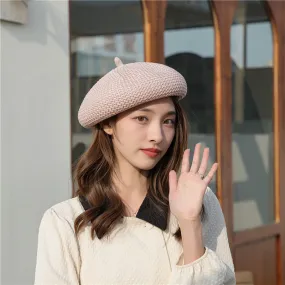 Spring and summer pure color breathable beret women suitable for round face hand-woven hat cute painter hat